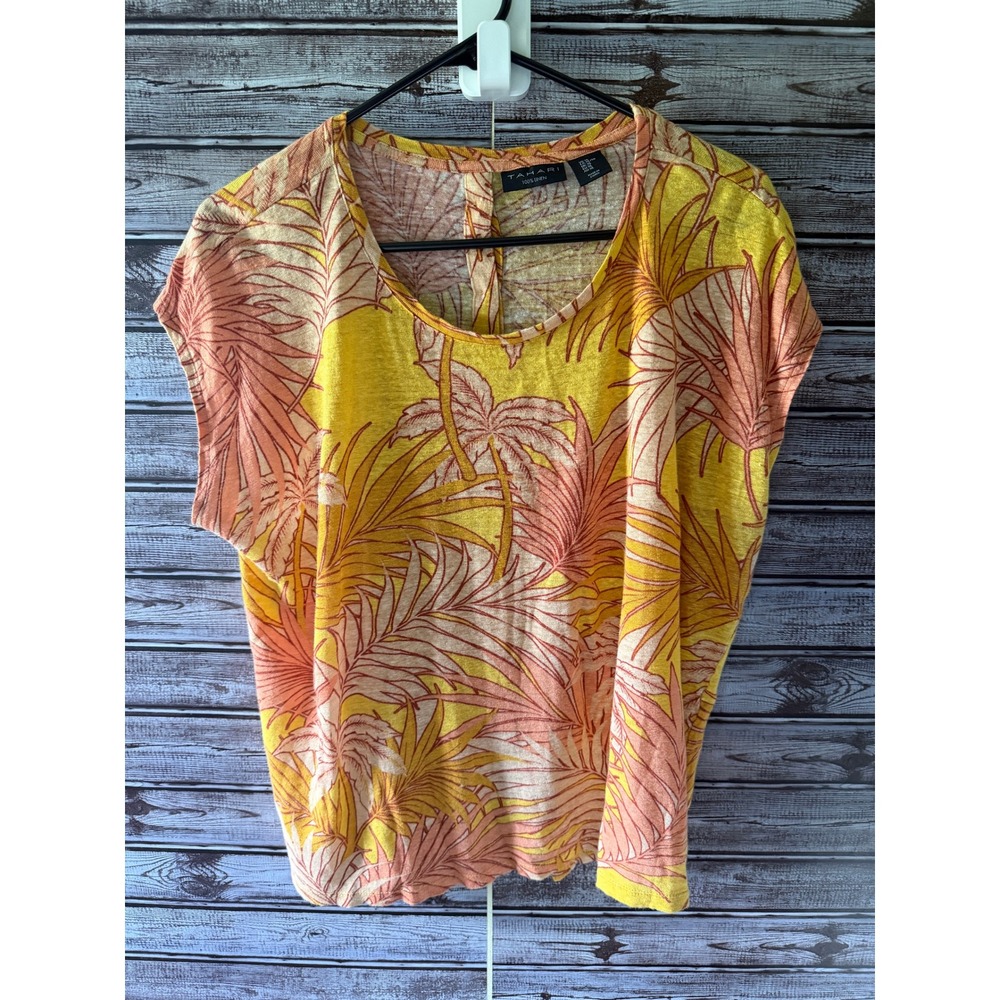 Tahari Women's  Cap-Sleeved Top Size XL Yellow Tropical Linen Button-Back